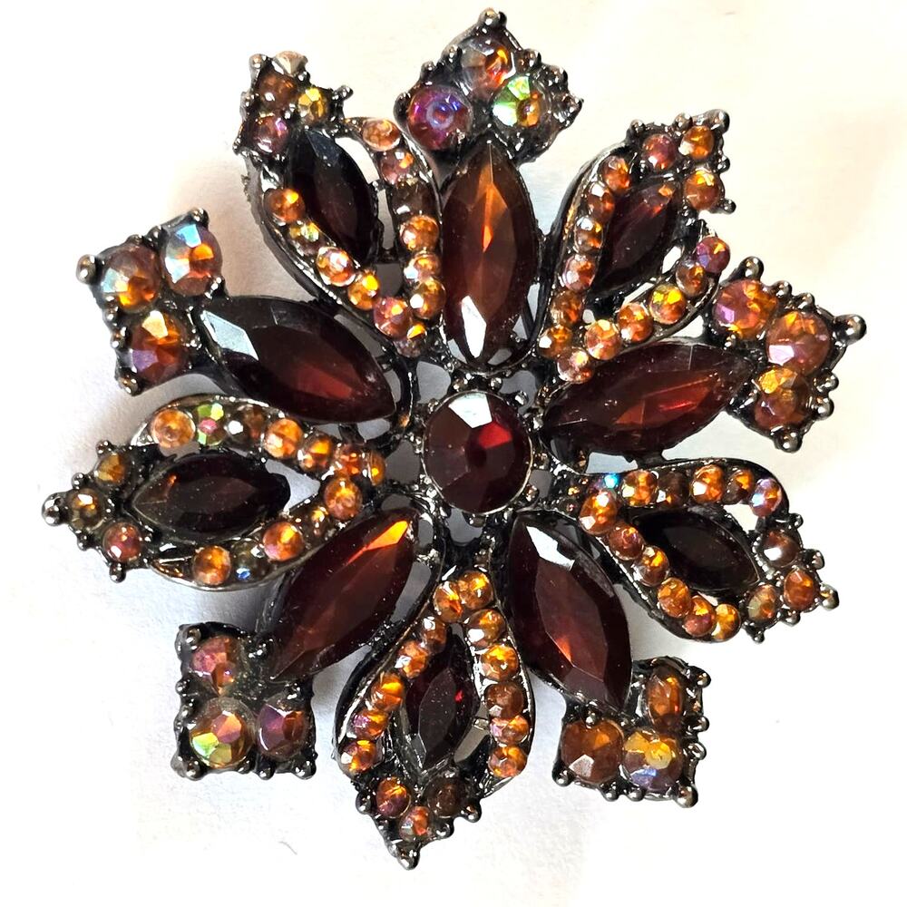 Vintage Starburst Snowflake Brooch Brown Navette AB Rhinestone Silver Tone